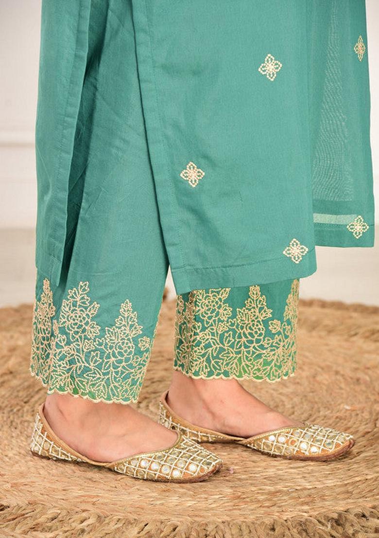 Pine Green Embroidered Chanderi Salwar Kameez With Dupatta