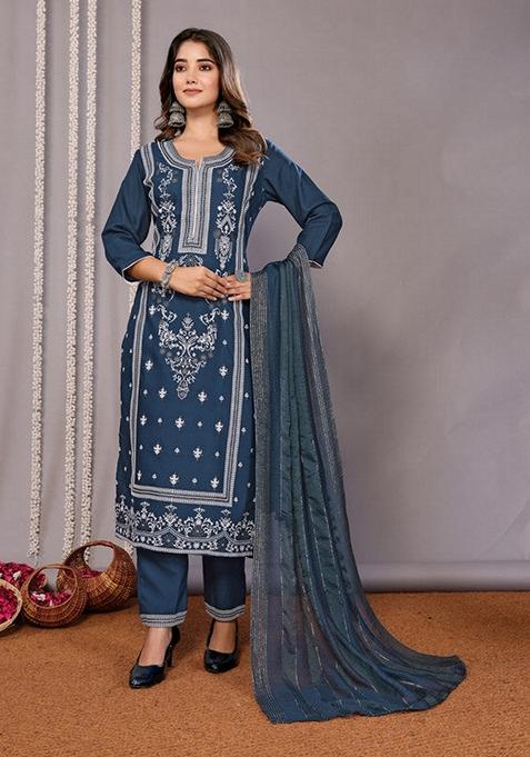 Teal Blue Printed Cotton Blend Salwar Kameez With Dupatta