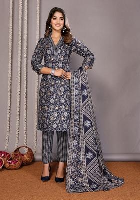 Black Printed Cotton Blend Salwar Kameez With Dupatta