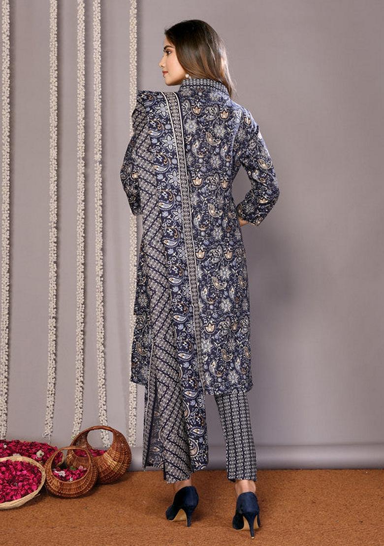 Black Printed Cotton Blend Salwar Kameez With Dupatta