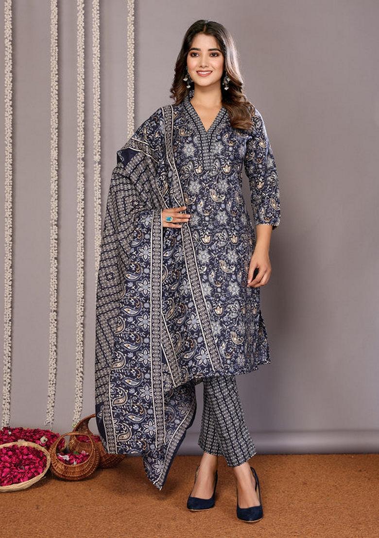 Black Printed Cotton Blend Salwar Kameez With Dupatta