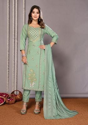 Green Printed Cotton Blend Salwar Kameez With Dupatta