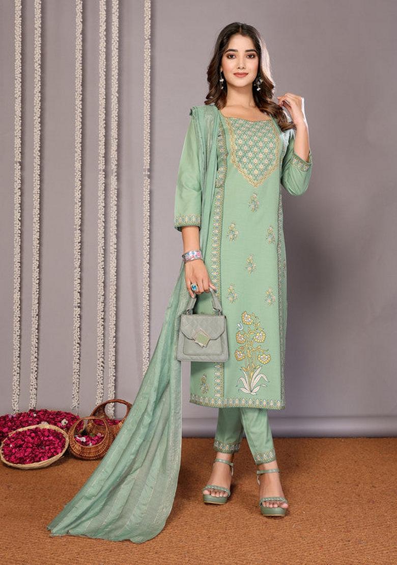 Green Printed Cotton Blend Salwar Kameez With Dupatta