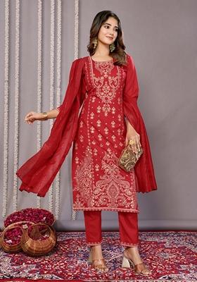 Red Printed Cotton Blend Salwar Kameez With Dupatta