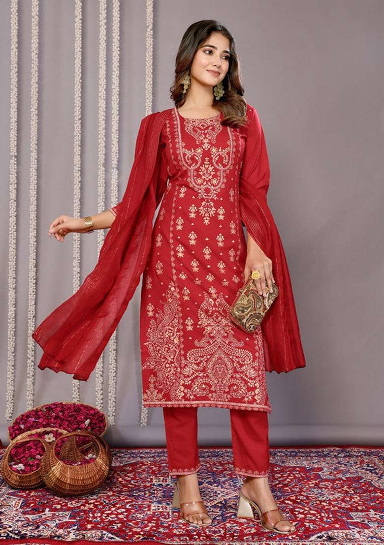 Red Embroidered Cotton Pakistani Suit Set - Indya