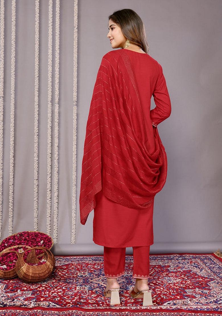Red Printed Cotton Blend Salwar Kameez With Dupatta