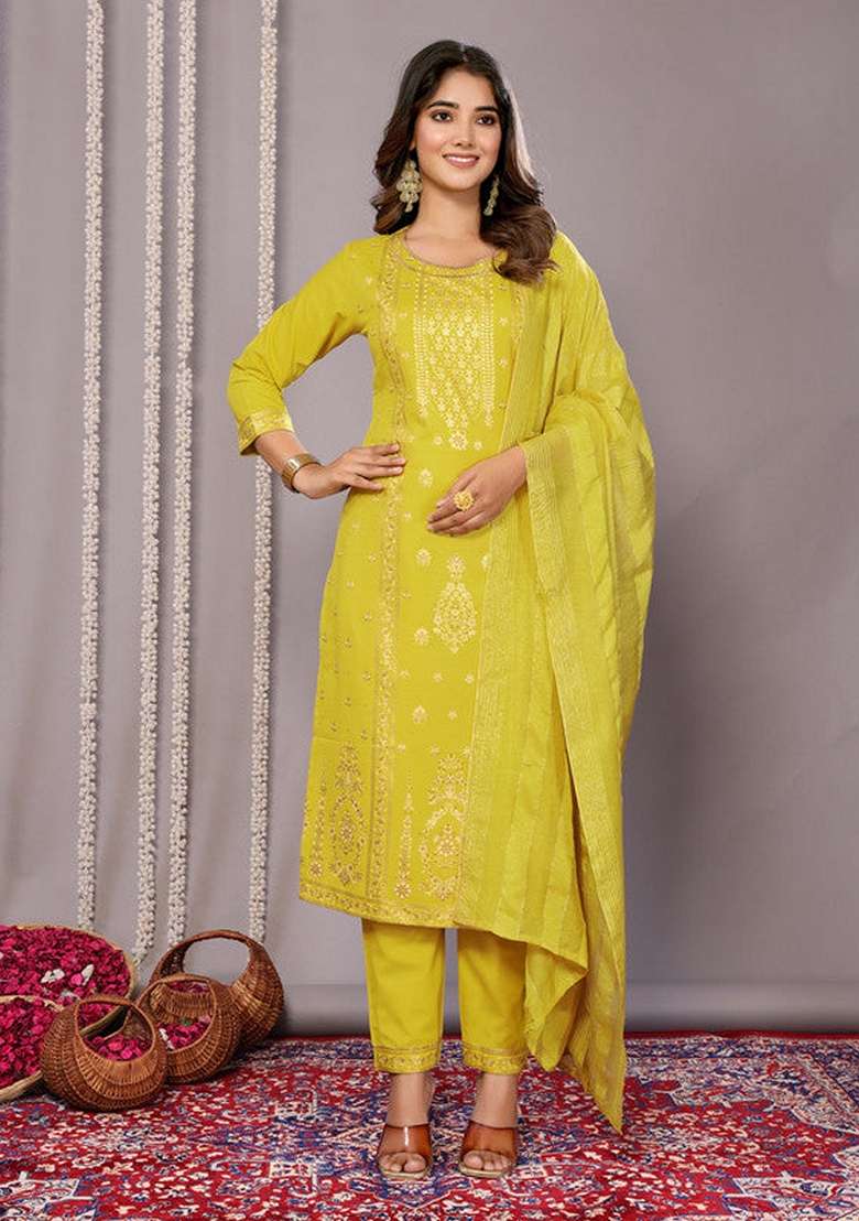 Yellow Embroidered Cotton Straight Kurta Set - Indya