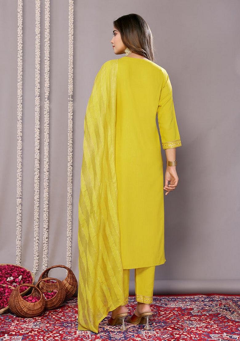 Yellow Printed Cotton Blend Salwar Kameez With Dupatta