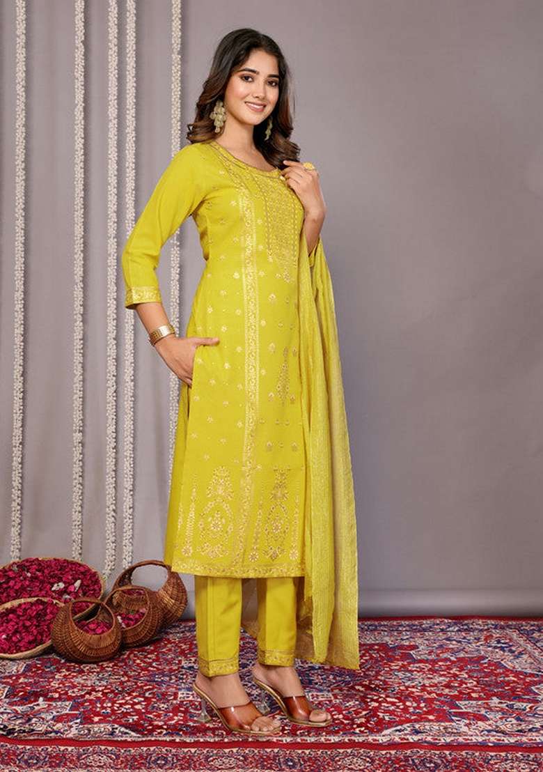 Yellow Embroidered Cotton Straight Kurta Set - Indya