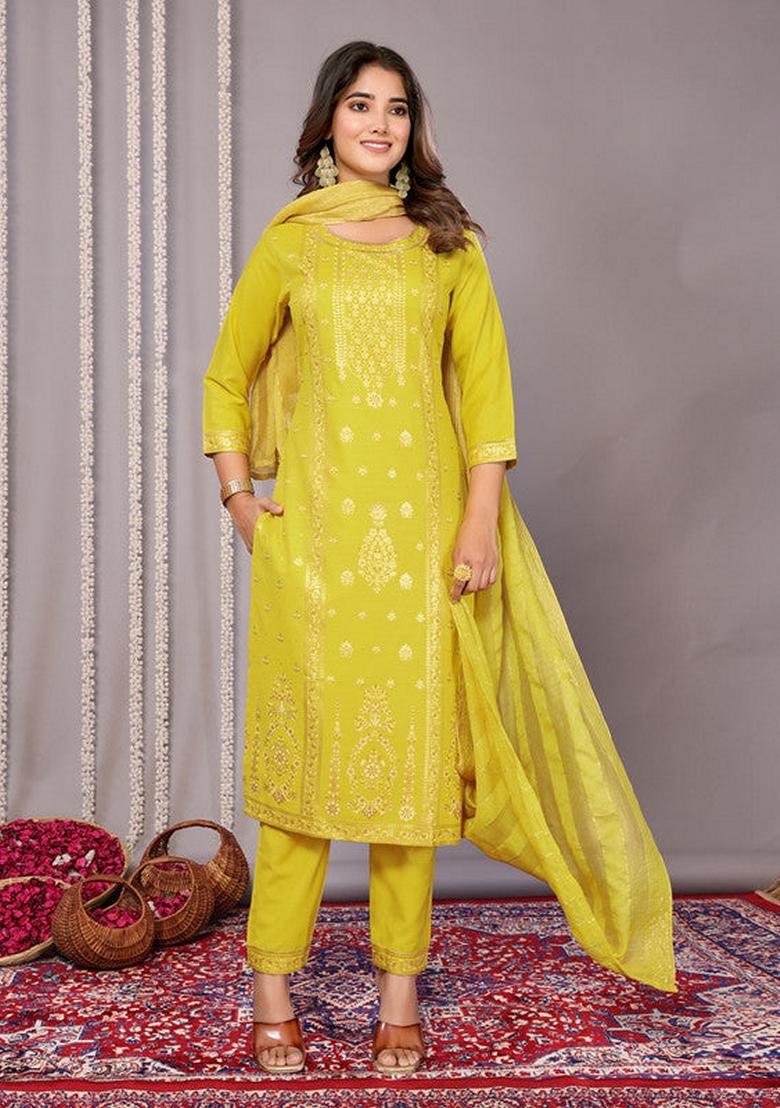 Yellow Printed Cotton Blend Salwar Kameez With Dupatta