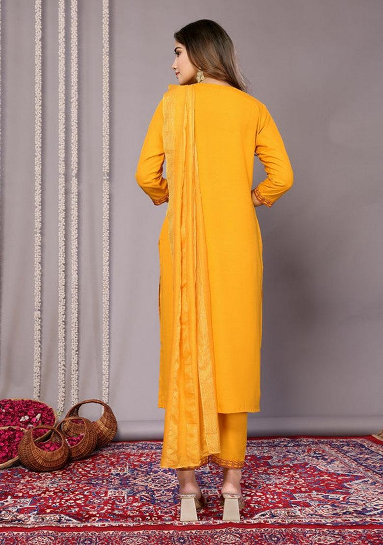 Mustard Yellow Embroidered Cotton Blend Salwar Kameez With Dupatta