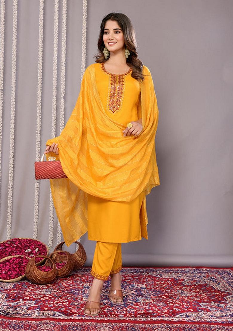 Mustard Yellow Embroidered Cotton Blend Salwar Kameez With Dupatta