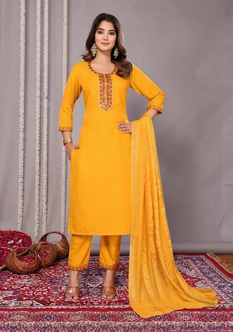 Mustard Yellow Embroidered Cotton Blend Salwar Kameez With Dupatta