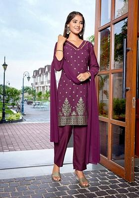 Purple Printed Crepe Salwar Kameez With Dupatta