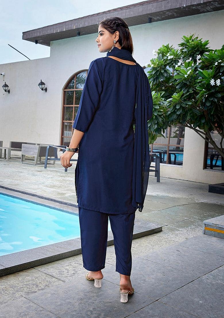 Navy Blue Printed Crepe Salwar Kameez With Dupatta