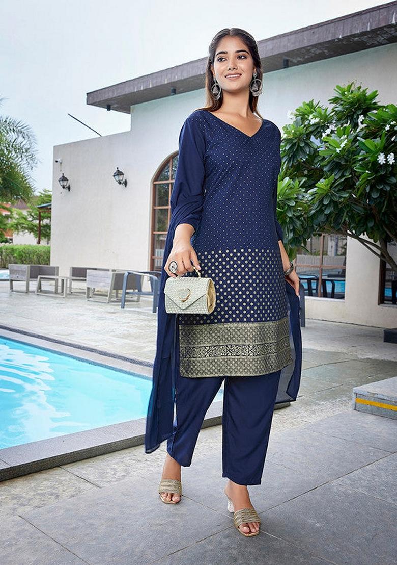 Navy Blue Printed Crepe Salwar Kameez With Dupatta