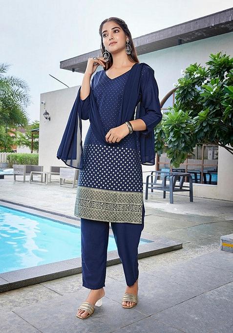 Navy Blue Printed Crepe Salwar Kameez With Dupatta