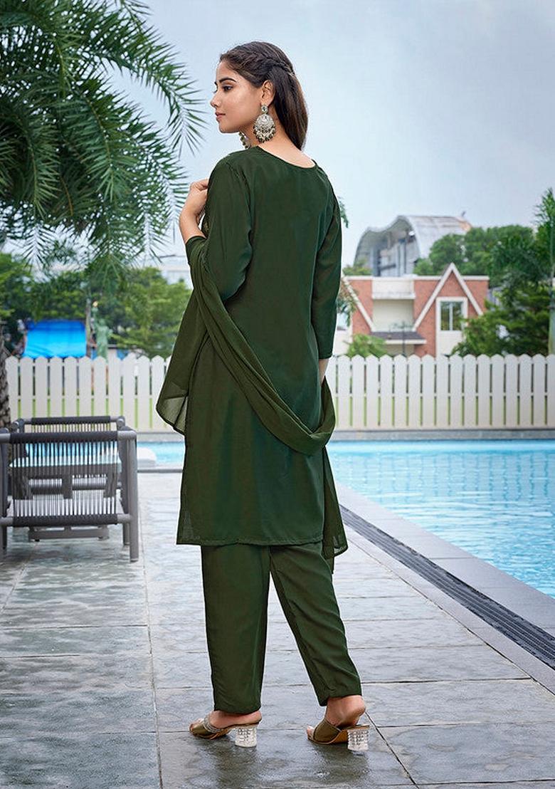 Mehndi Green Printed Crepe Salwar Kameez With Dupatta