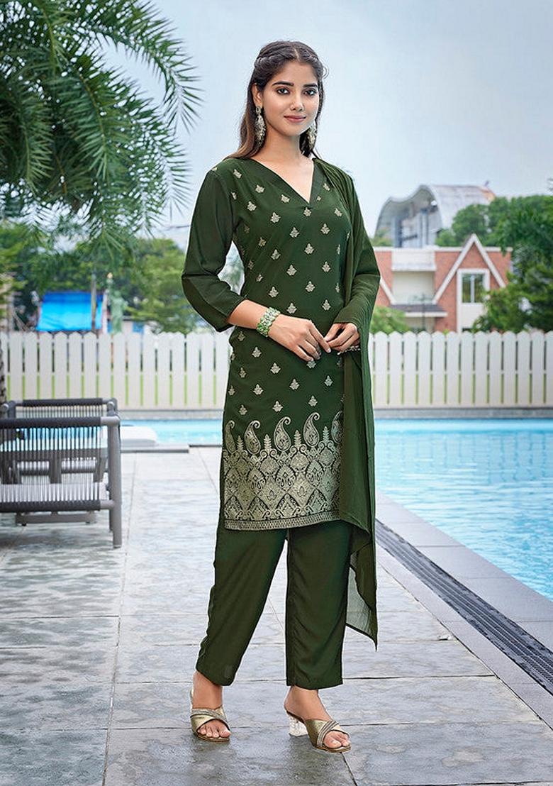 Mehndi Green Printed Crepe Salwar Kameez With Dupatta