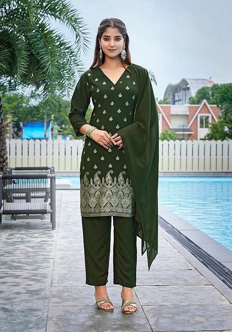 Mehndi Green Printed Crepe Salwar Kameez With Dupatta