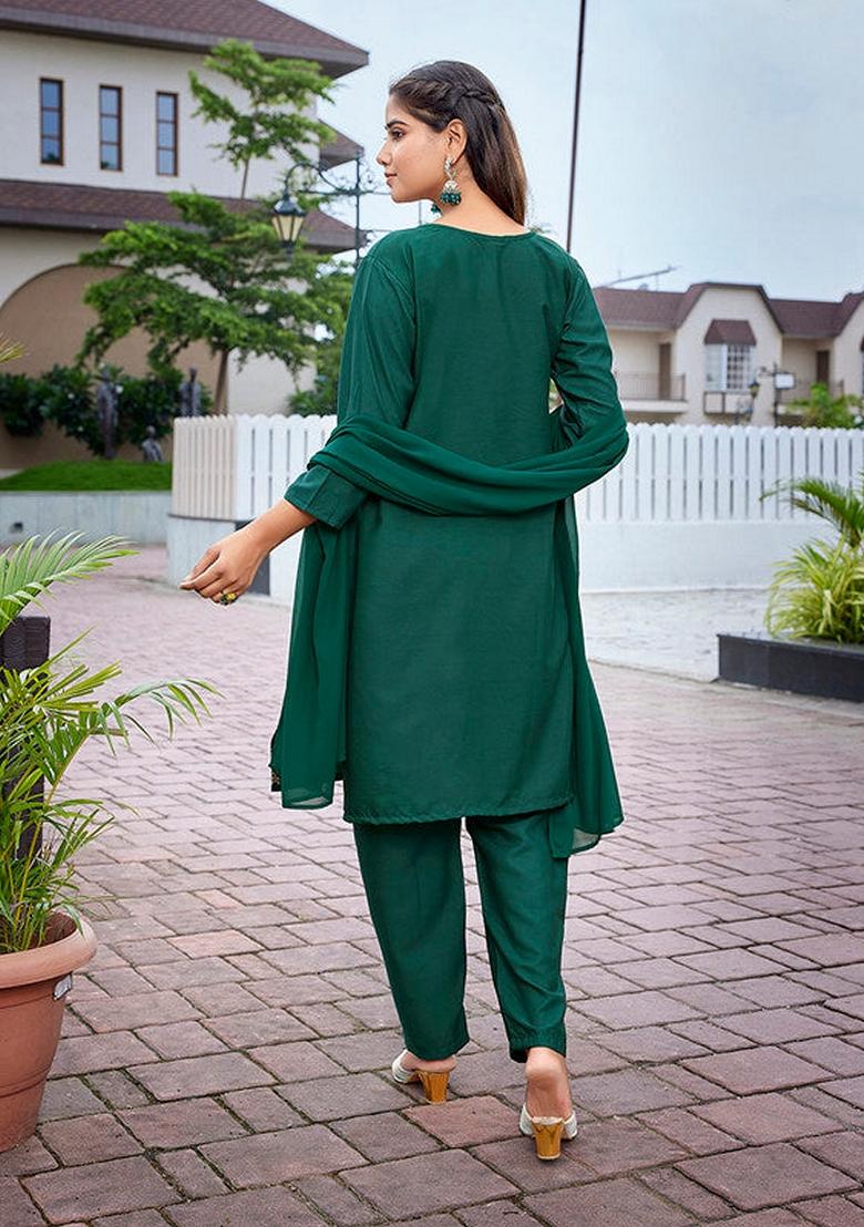 Bottle Green Printed Crepe Salwar Kameez With Dupatta