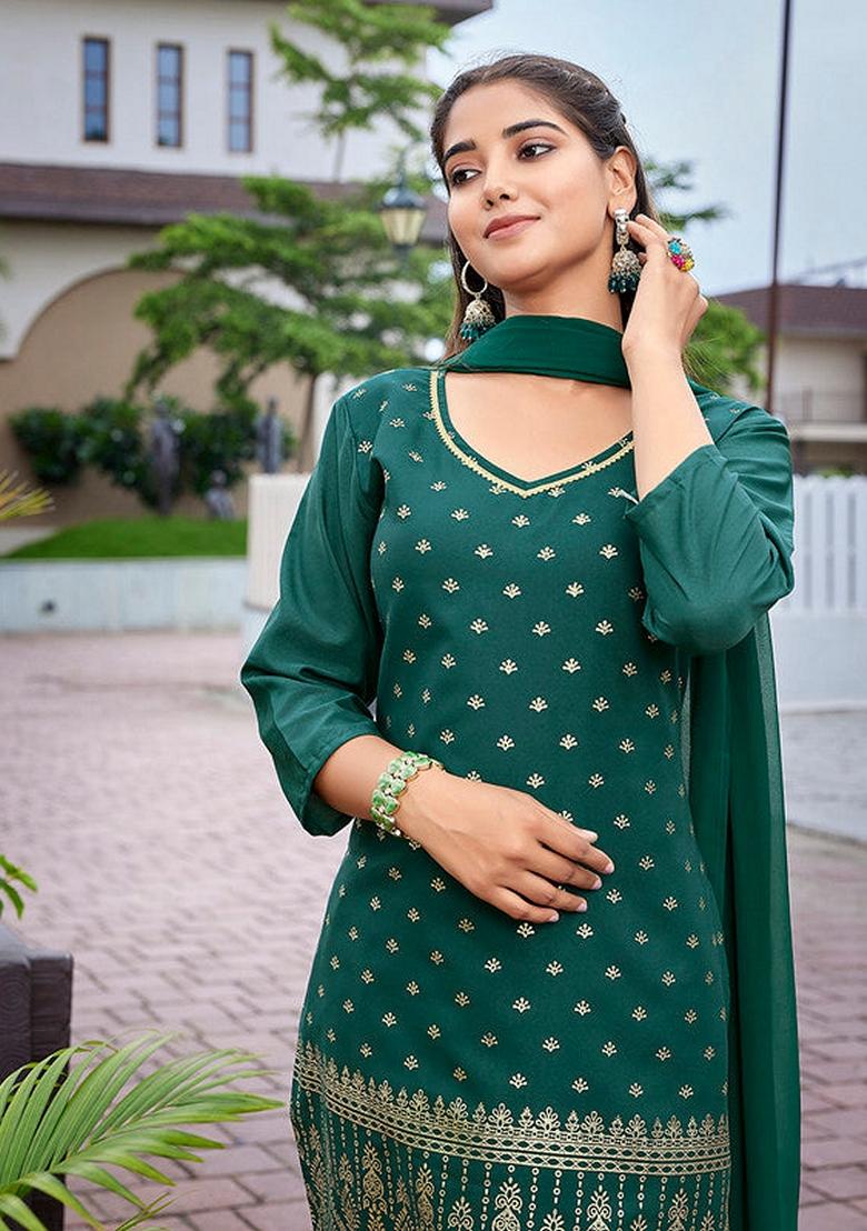 Bottle Green Printed Crepe Salwar Kameez With Dupatta