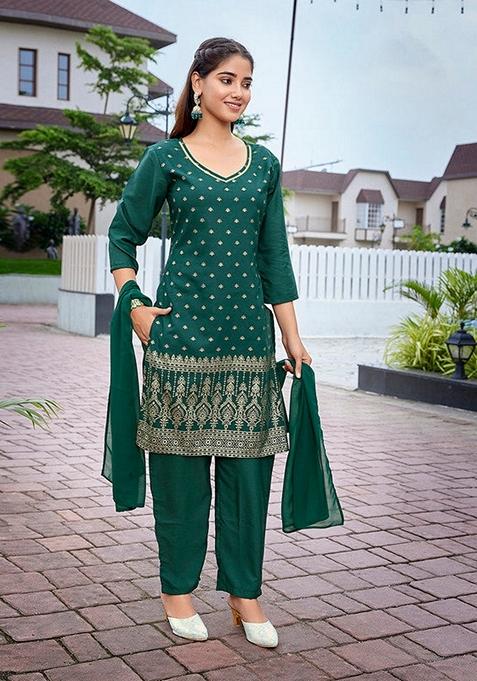 Bottle Green Printed Crepe Salwar Kameez With Dupatta