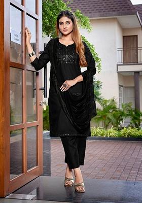 Black Embroidered Cotton Blend Salwar Kameez With Dupatta