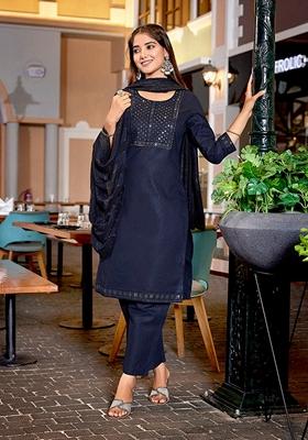 Navy Blue Embroidered Cotton Blend Salwar Kameez With Dupatta
