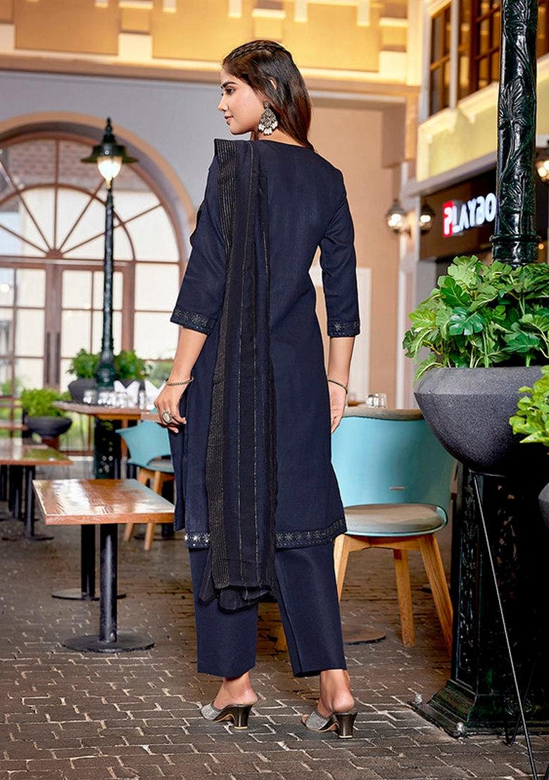 Navy Blue Embroidered Cotton Blend Salwar Kameez With Dupatta