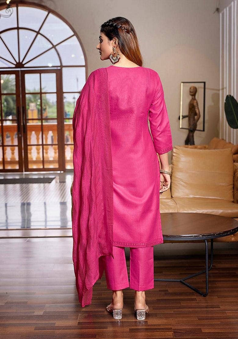 Pink Embroidered Cotton Blend Salwar Kameez With Dupatta