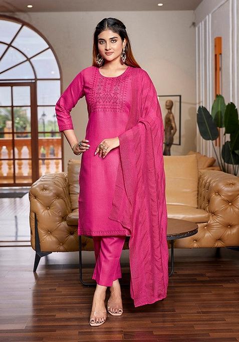 Pink Embroidered Cotton Blend Salwar Kameez With Dupatta