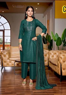 Bottle Green Embroidered Cotton Blend Salwar Kameez With Dupatta