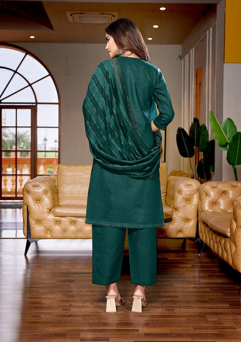 Bottle Green Embroidered Cotton Blend Salwar Kameez With Dupatta