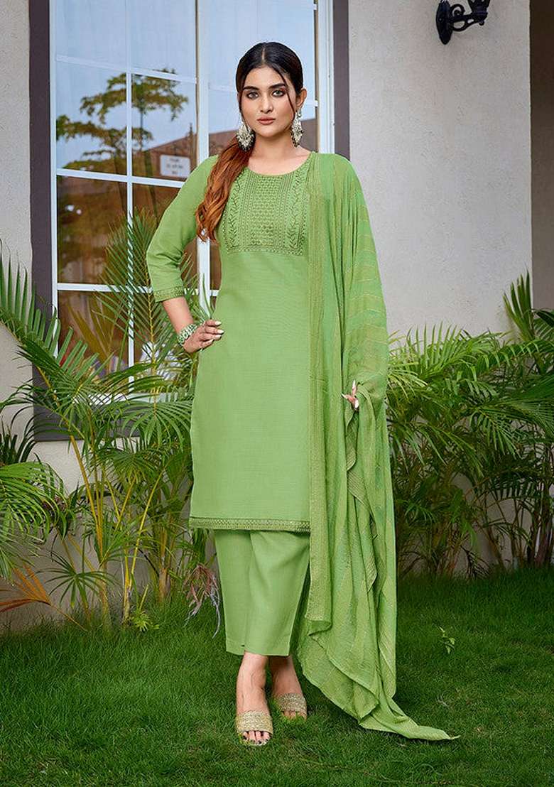 Light Green Embroidered Cotton Straight Kurta Set - Indya