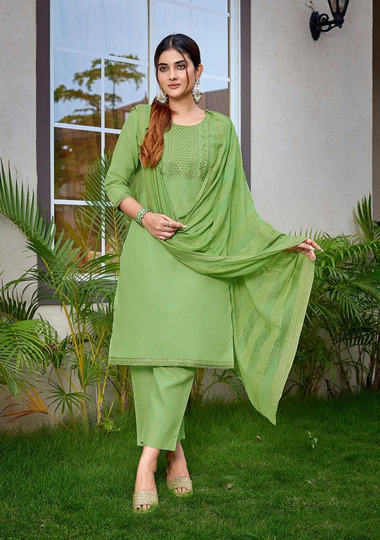 Light Green Embroidered Cotton Blend Salwar Kameez With Dupatta