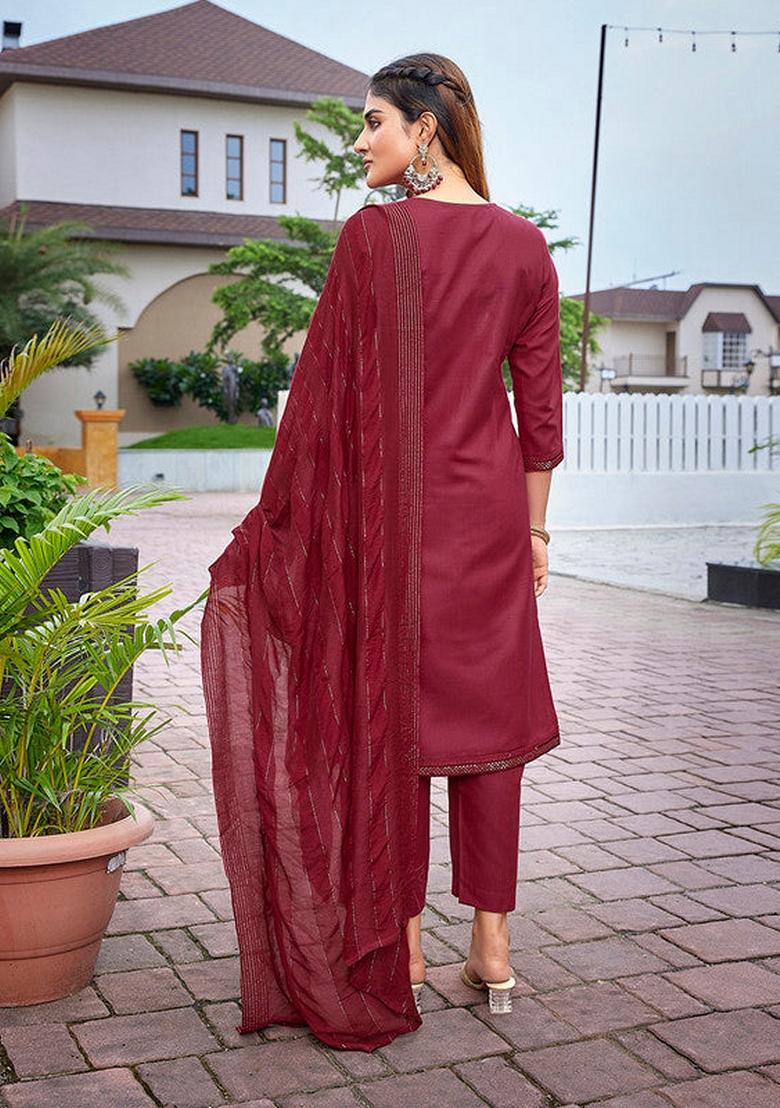 Maroon Embroidered Cotton Blend Salwar Kameez With Dupatta
