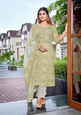 Beige Printed Cotton Blend Salwar Kameez With Dupatta