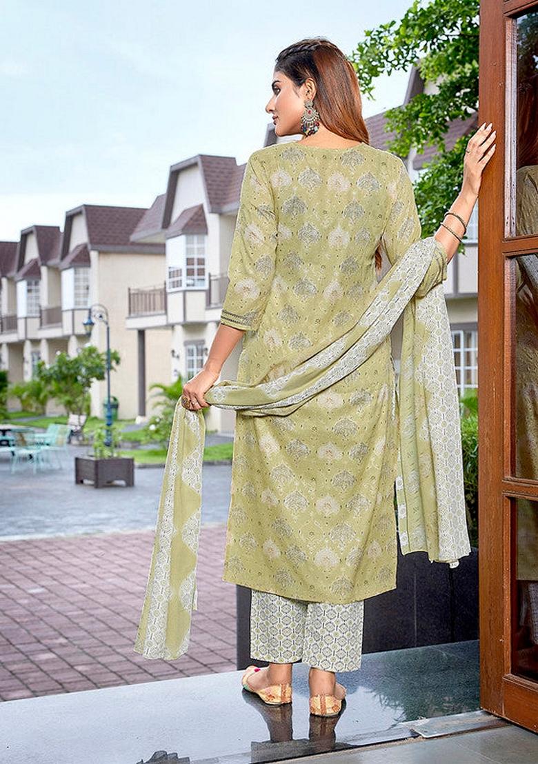 Beige Printed Cotton Blend Salwar Kameez With Dupatta