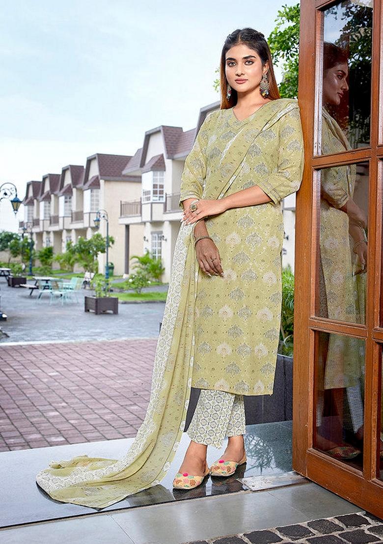 Beige Printed Cotton Blend Salwar Kameez With Dupatta