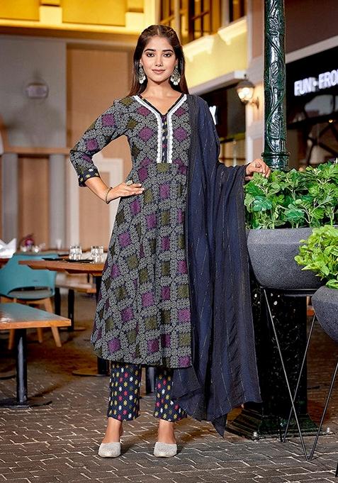 Navy Blue & White Printed Cotton Blend Salwar Kameez With Dupatta