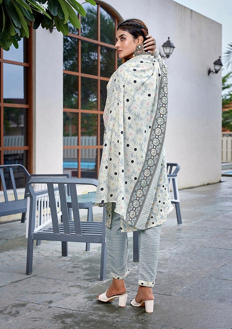 Grey And White Printed Cotton Blend Salwar Kameez With Dupatta