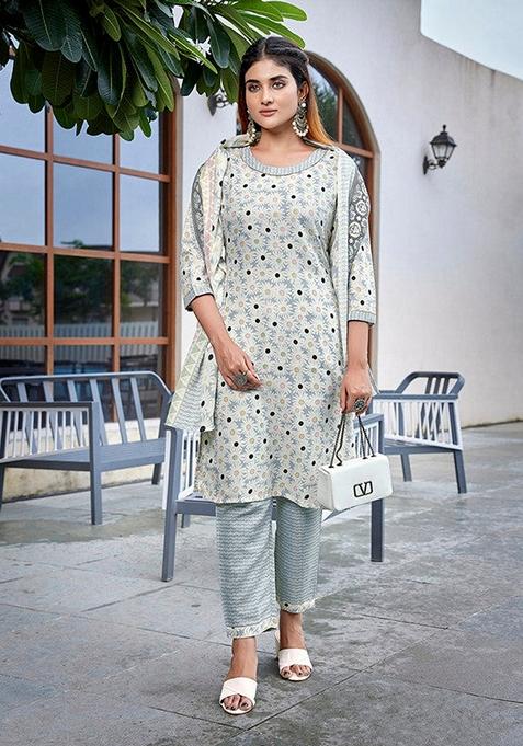 Grey And White Printed Cotton Blend Salwar Kameez With Dupatta