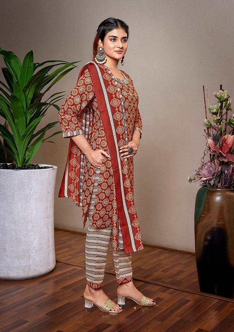 Brown Printed Cotton Blend Salwar Kameez With Dupatta
