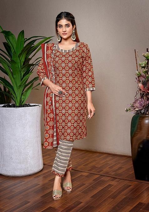 Brown Printed Cotton Blend Salwar Kameez With Dupatta