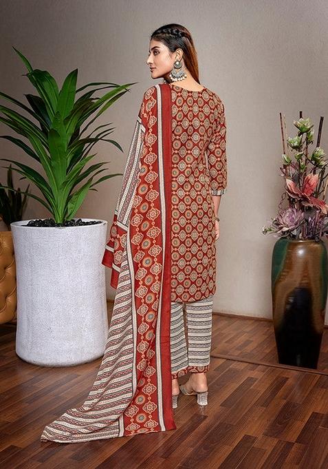 Brown Printed Cotton Blend Salwar Kameez With Dupatta