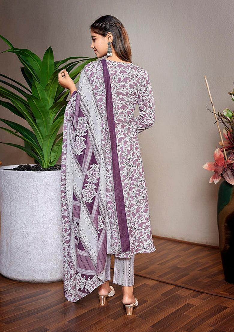 Purple And White Printed Cotton Blend Salwar Kameez With Dupatta