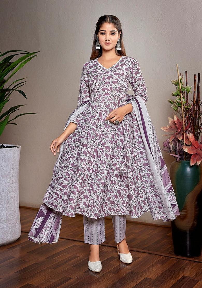 Purple And White Printed Cotton Blend Salwar Kameez With Dupatta