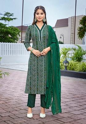 Green Printed Cotton Blend Salwar Kameez With Dupatta