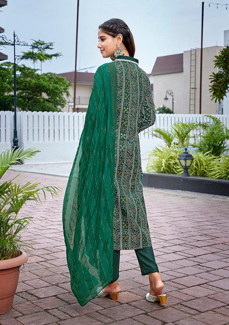 Green Printed Cotton Blend Salwar Kameez With Dupatta